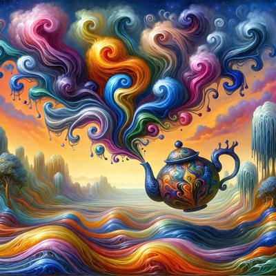 The primary subject of the image is a colorful kettle, which is floating in the air. The kettle is surrounded by a vibrant and lively scene, featuring a variety of colors and patterns. The setting includes a body of water, possibly an ocean, and a mountainous landscape. The visual style of the image is a mix of digital art and illustration, creating a unique and captivating atmosphere. The dominant colors in the scene are blue, pink, yellow, and orange, which contribute to the overall